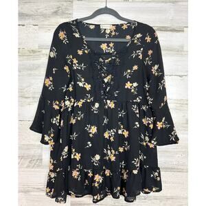 Altar'd State women's S black floral Tunic Lace Up Empire Bodice Ruffle Hem Bell